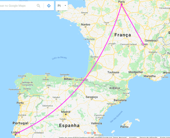 Mapa del trayecto de Lisboa a Lyon