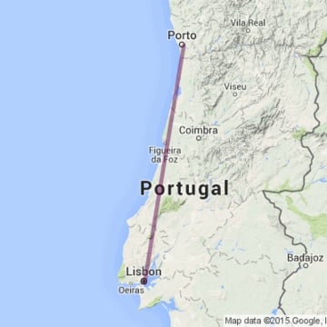 Mapa del viaje en tren de Lisboa a Porto