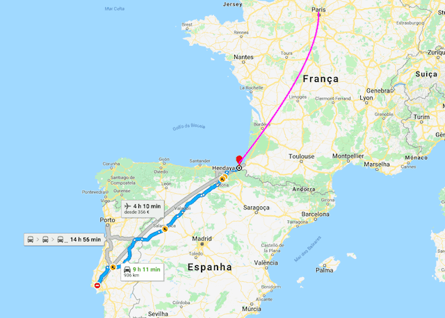 Mapa del trayecto de Lisboa a Paris en tren