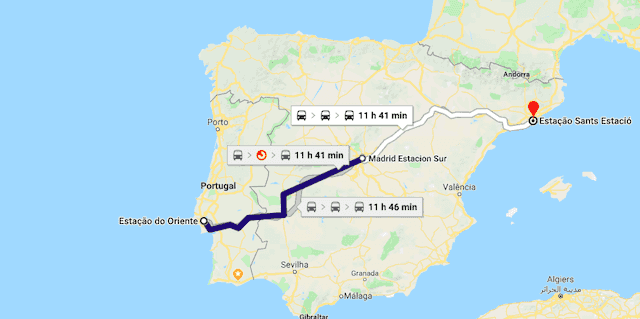 Mapa del trayecto de Lisboa a Barcelona en tren