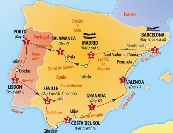 Mapa de ruta de Portugal y España en coche