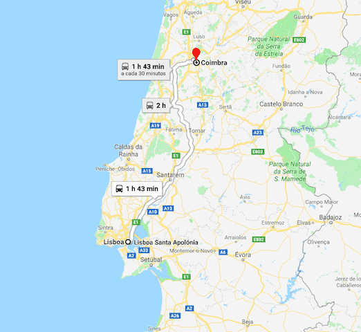 Mapa de viaje de Lisboa a Coimbra