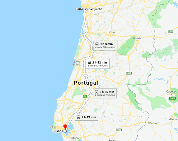 Mapa del viaje en tren de Oporto a Lisboa